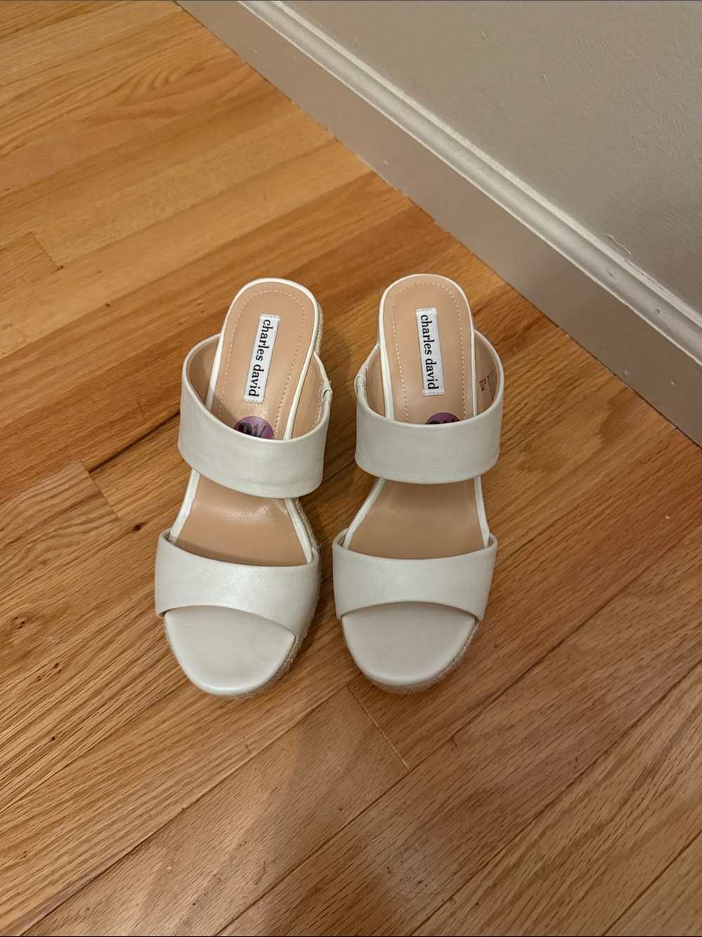 Charles David Cream Double-Strap Slide Mules